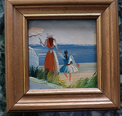 Kl. Ölbild Dame mit Kind am Strand  10 x 10 cm