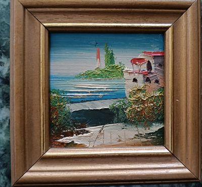 Kl.Ölbild Haus am Strand - Klippen 10 x 10 cm