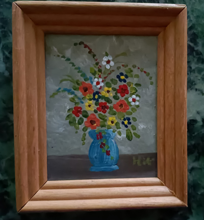 kl. Ölbild Blumenstrauß 5,5 x 9,5 cm Holzrahmen