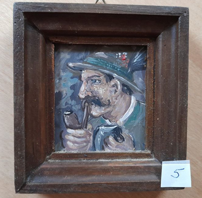 Ölbild   Mann mit Pfeife,  6 x 8 cm Holzrahmen