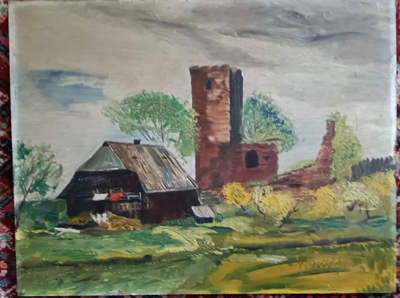 Ölbild Landschaft Turm Scheune 50 cm x 39 cm *