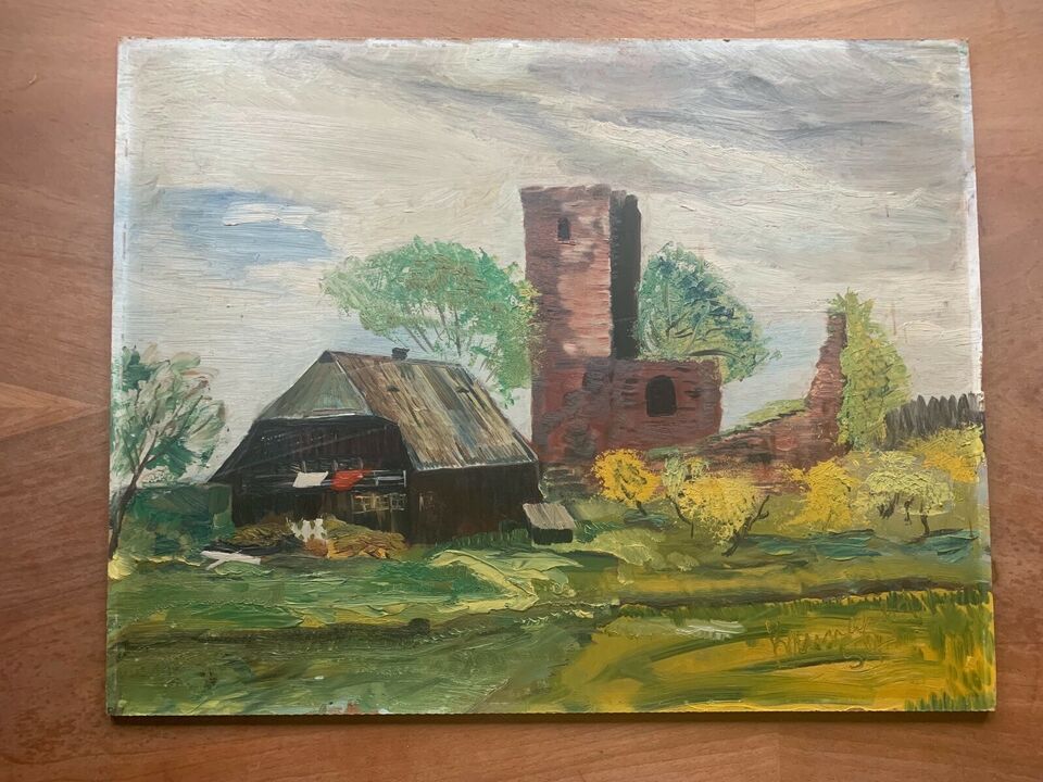 Ölbild Landschaft Turm Scheune 50 cm x 39 cm *