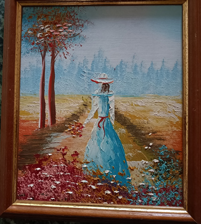 Kl. Ölbild Dame im Herbstwind 23  cm x 27 cm hoch