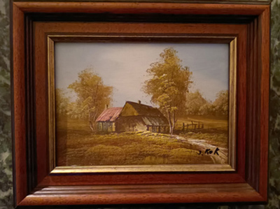 Ölbild Haus mit Garten Landschaft 25 x 21 cm hoch - signatur