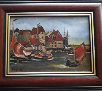 Segelschiffe im Wind vorm Dorf 25 x 20 cm Ölbild