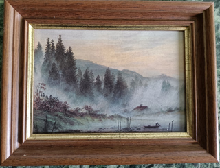 Der Morgen im Nebel des Waldes Ölbild 19 x 15 cm