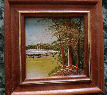 Wunderbares Ölbild 11 cm x 11 cm - See + Wald