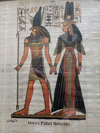 Horus führt Nefertiri,  Bild 26 x 32 cm hoch Papyrus